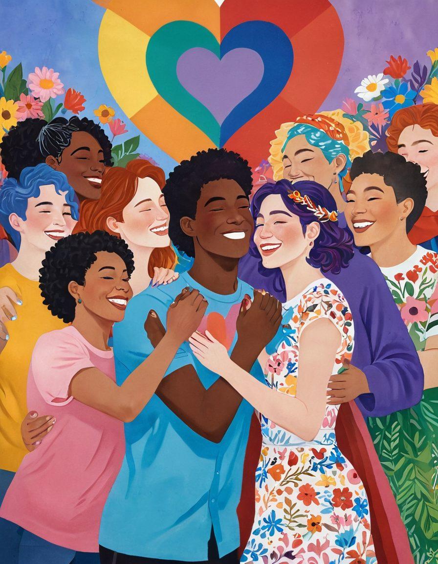 An artistic representation of a vibrant heart intertwining with the LGBTQ+ flag colors, surrounded by diverse individuals celebrating their identities together in a joyful embrace. The background features soft pastel hues, symbolizing unity and love, with delicate floral patterns that enhance the sense of celebration. The scene captures the essence of advocacy and acceptance through uplifting expressions and dynamic poses. painting. vibrant colors. soft focus.