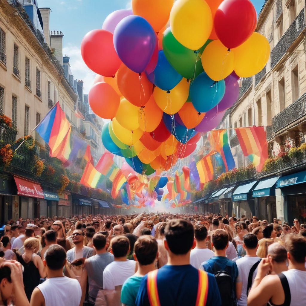 A colorful, lively street scene depicting a diverse crowd celebrating Franco LGBTQ+ Pride, with different rainbow flags waving joyfully. Include iconic Parisian architecture in the background, intertwined with elements of LGBTQ+ culture like rainbow balloons and banners. Show people of various backgrounds, ages, and identities embracing each other, radiating love and acceptance. Emphasize vibrant colors and a festive atmosphere. vibrant colors. super-realistic.