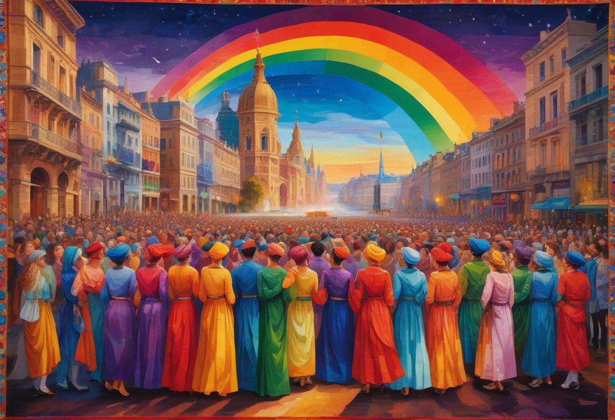 A beautifully woven tapestry featuring vibrant colors that symbolize Franco culture, with intertwined LGBTQ+ symbols and motifs. Diverse figures representing different identities, engaged in cultural festivities, showcasing joy and inclusivity. An artistic backdrop of iconic Franco landmarks subtly blending with rainbow patterns. The scene exudes warmth and celebration of diversity. painting. vibrant colors.